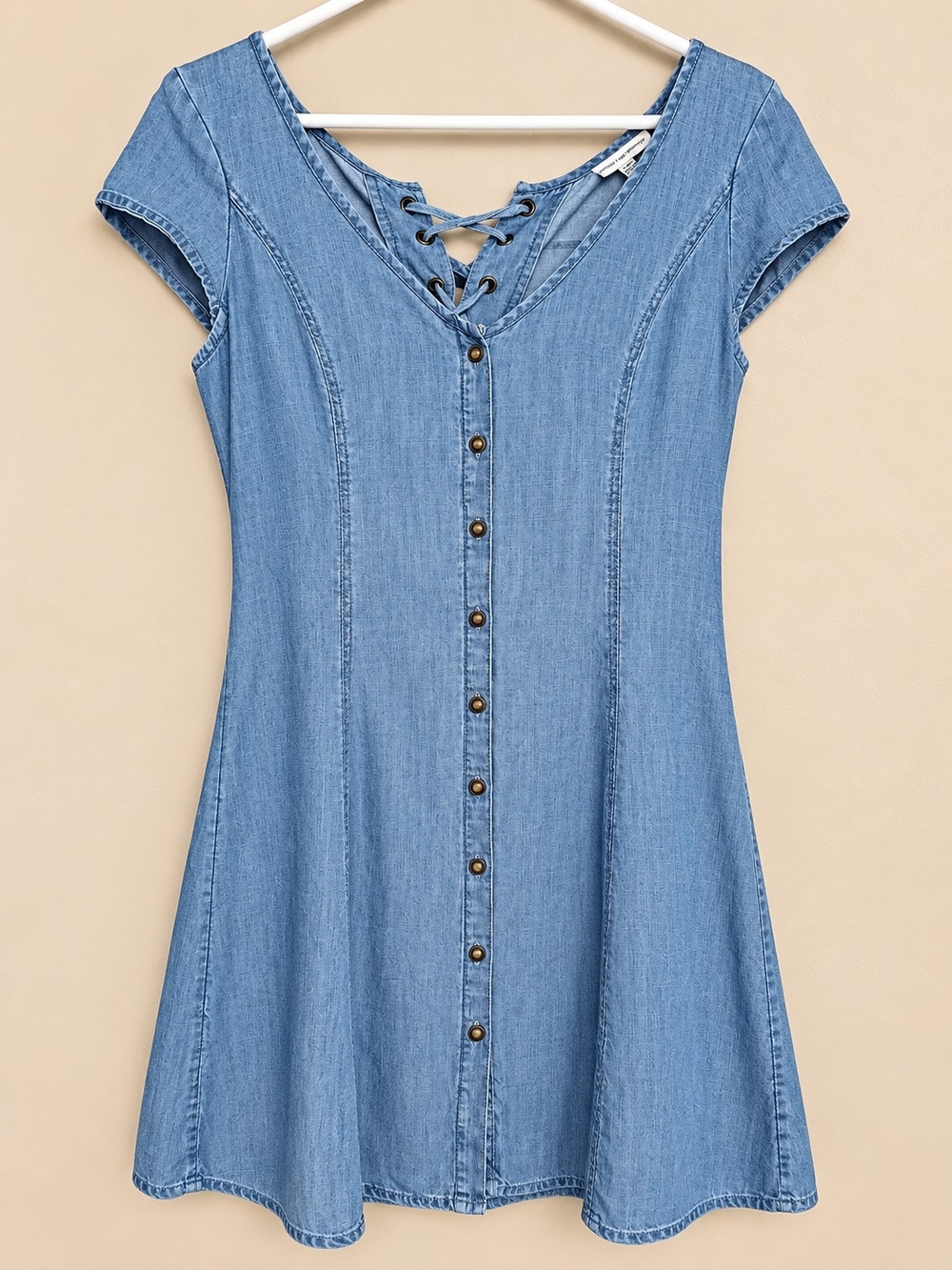 Women' Blue Denim Button-Front Dress with Lace-Up Neck